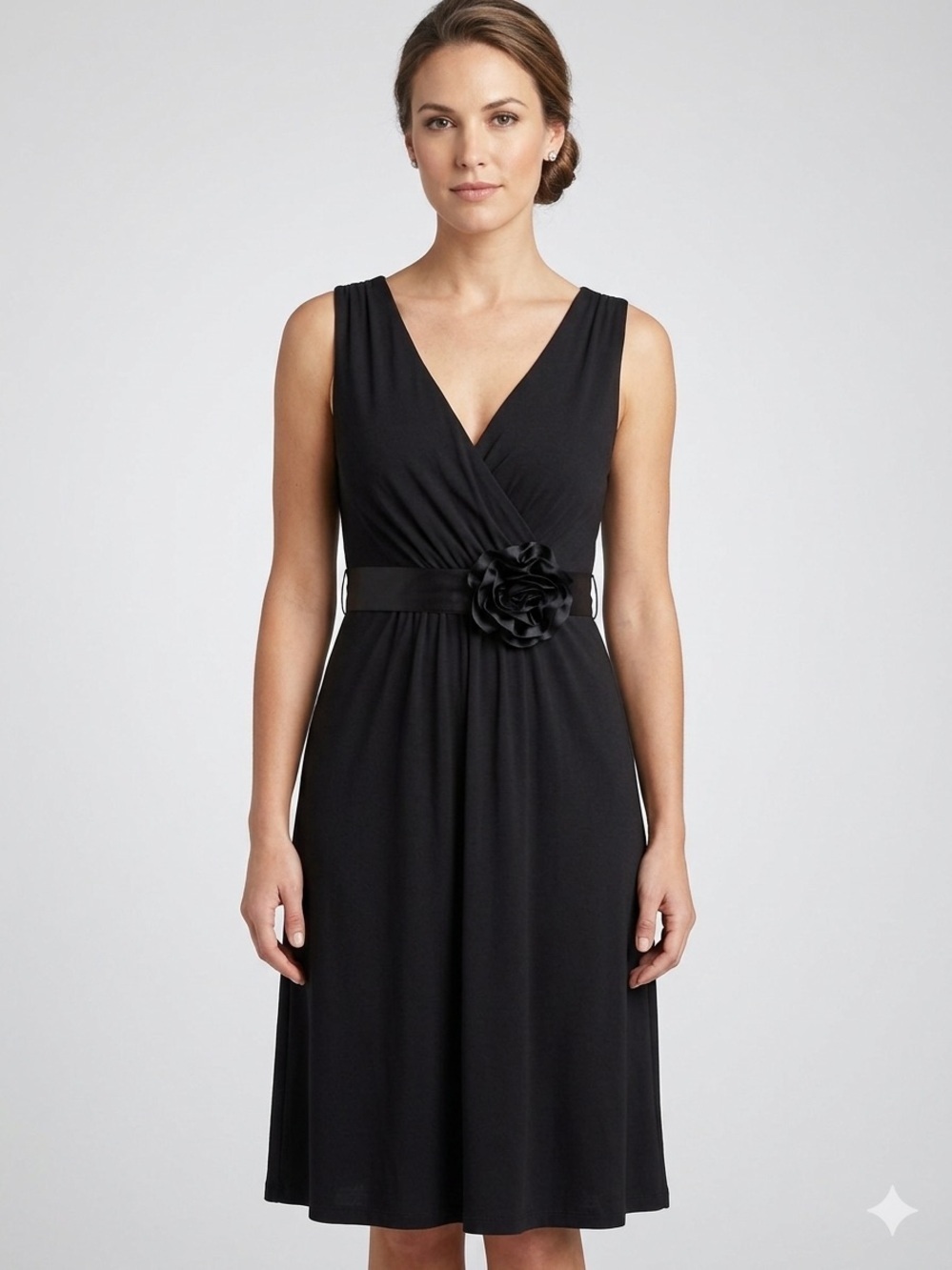 Boden | Black Sleeveless V-Neck Midi Dress with Floral Waist Detail | Sz 4